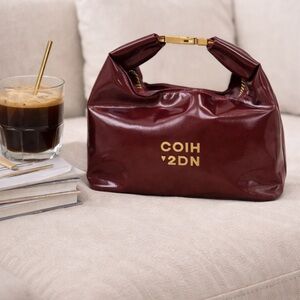 Wine Red Patent Leather Handbag w Gold Clasp Wrist Strap, Make Up Purse, Cosmos